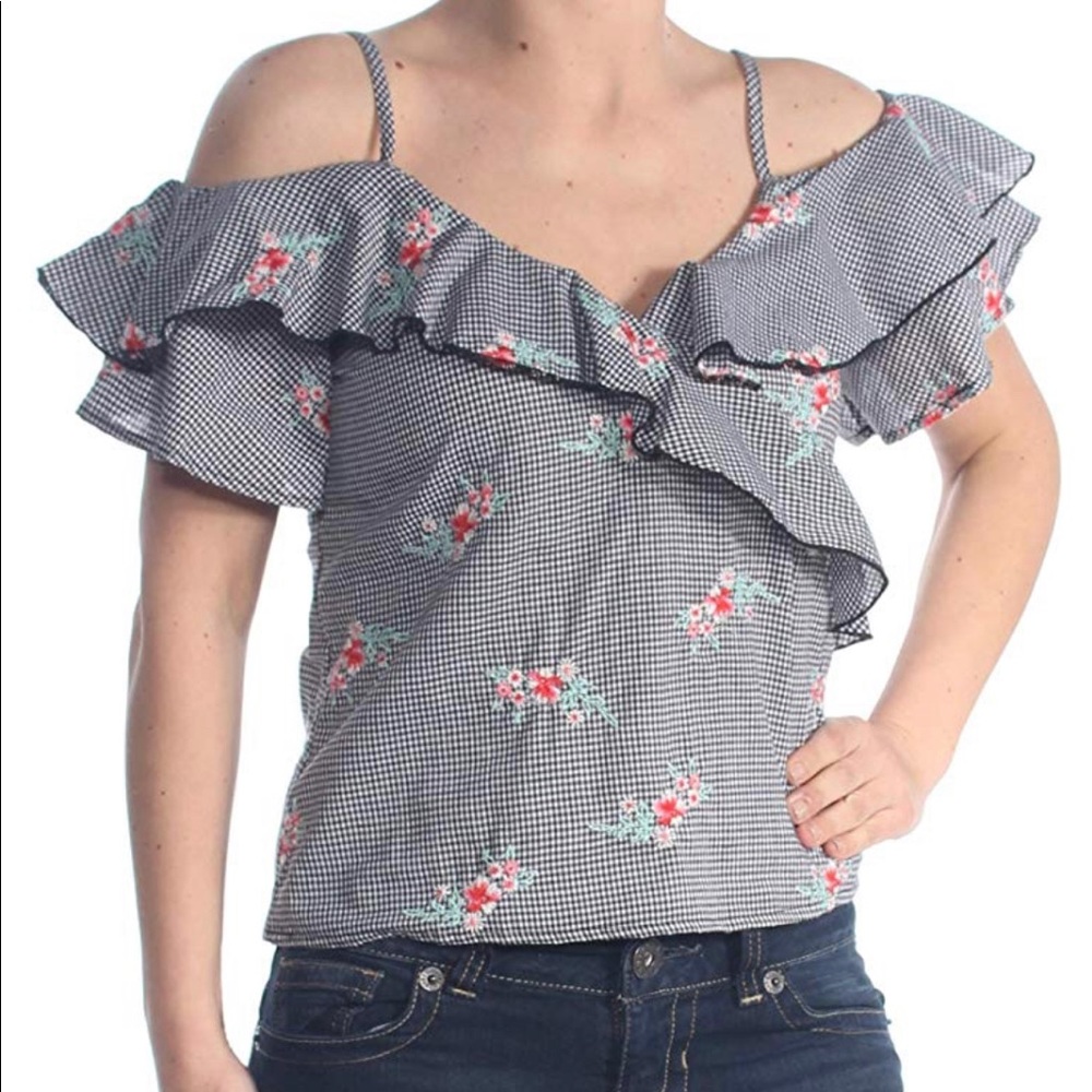 Ruffled Gingham Off-The-Shoulder Blouse Black - S